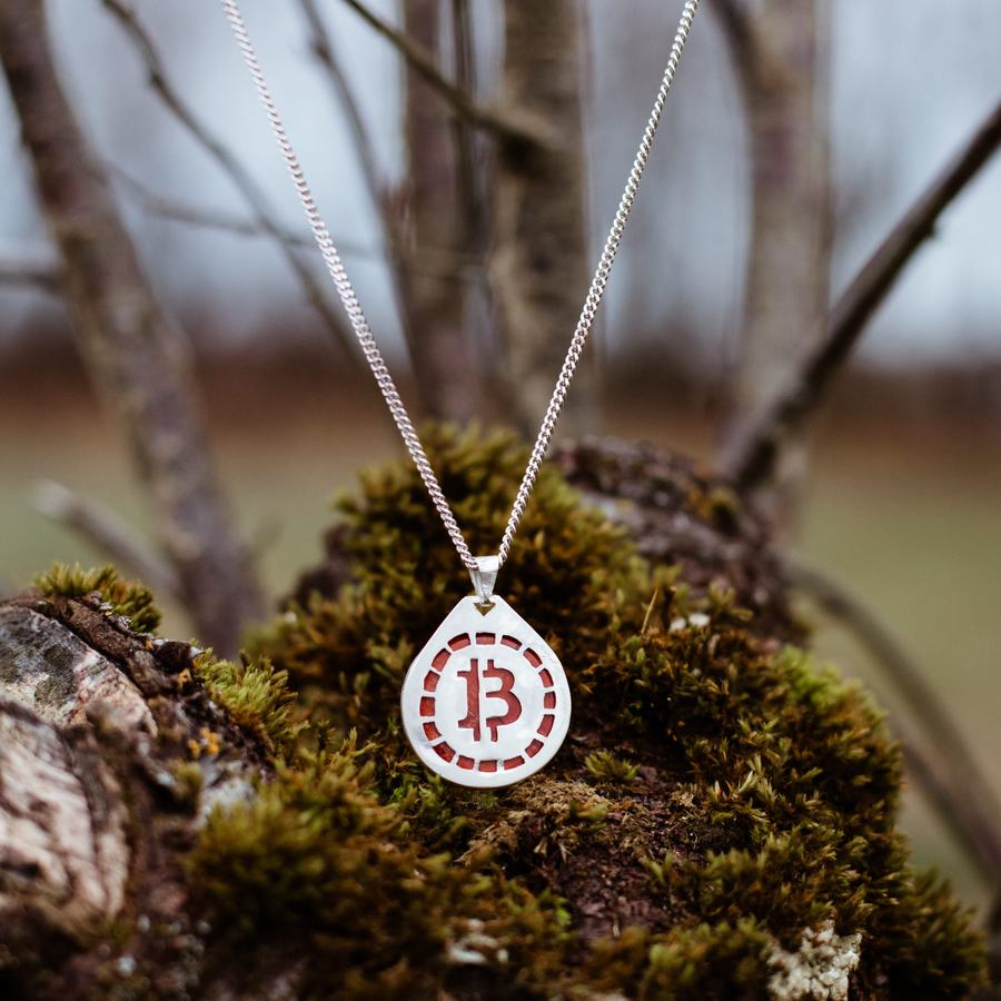 Bitcoin talisman pendant in silver with red jasper